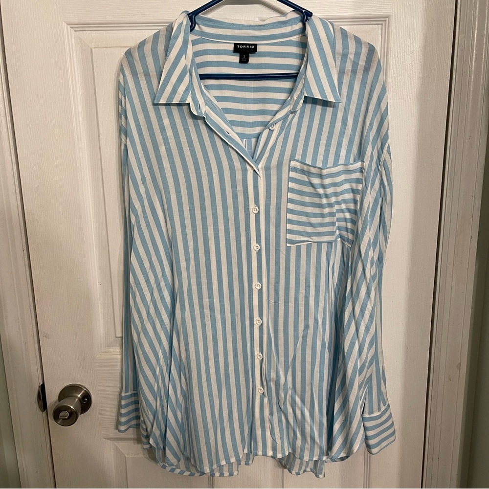Torrid Sky Blue and White Striped Button-Up Blouse​